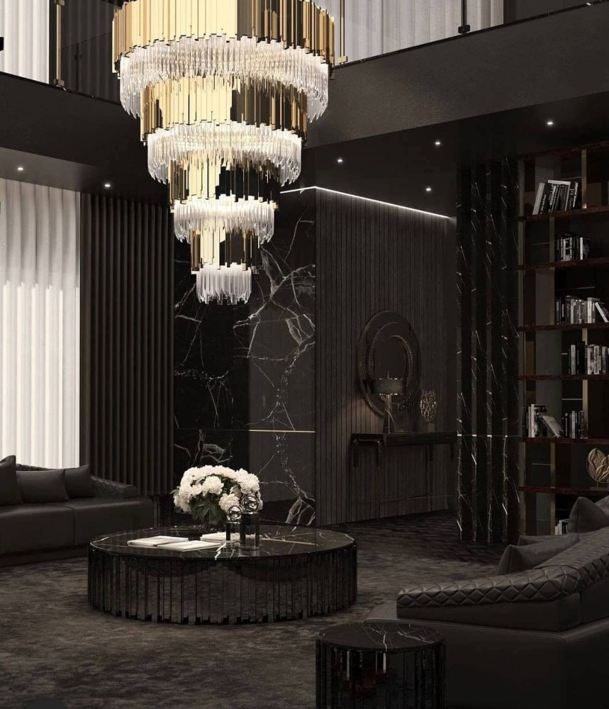 A LUXURY CONTEMPORARY LIVING ROOM IN DARK TONES