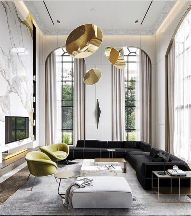 CONTEMPORARY LIVING ROOM WITH HIGH CEILING